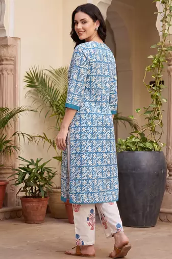 Blue printed pure cotton kurta trouser set