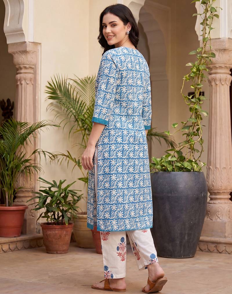 Blue printed pure cotton kurta trouser set