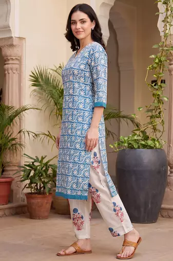 Blue printed pure cotton kurta trouser set