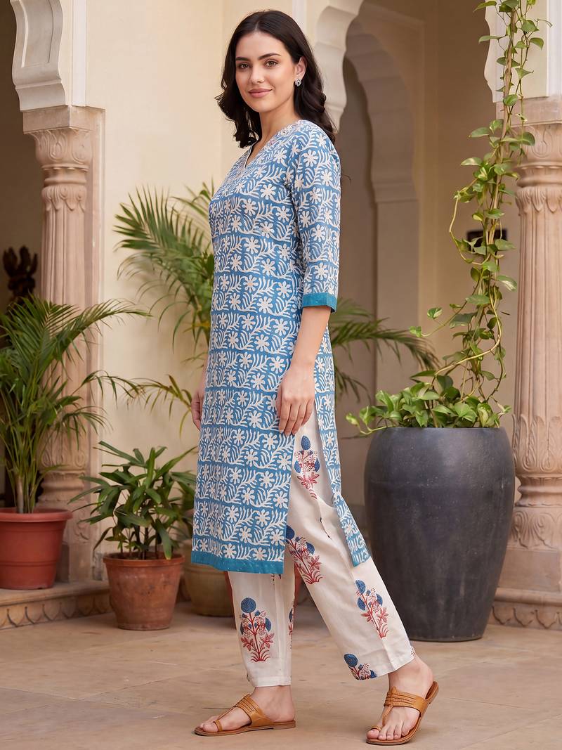 Blue printed pure cotton kurta trouser set
