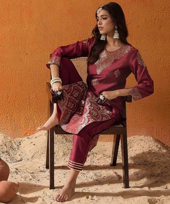 Maroon printed polyester kurta trouser set 1