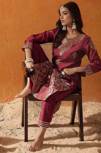 Maroon printed polyester kurta trouser set