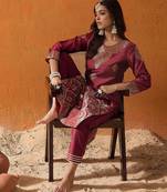 Maroon printed polyester kurta trouser set