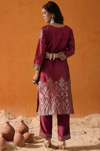 Maroon printed polyester kurta trouser set