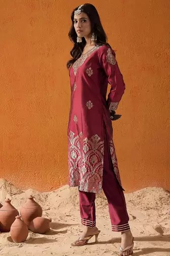 Maroon printed polyester kurta trouser set