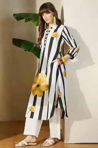 White printed pure cotton kurta trouser set