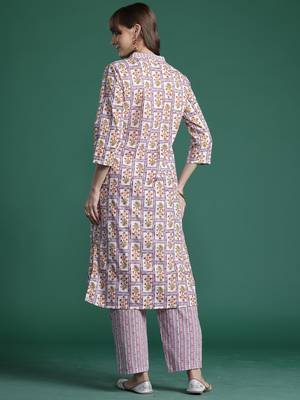 Lavender printed pure cotton kurta trouser set 2