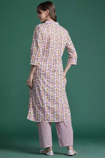 Lavender printed pure cotton kurta trouser set