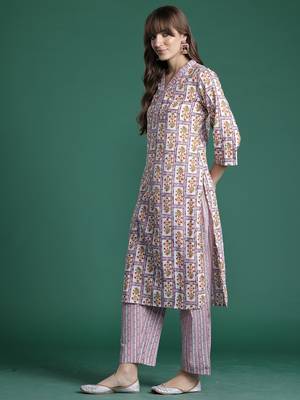 Lavender printed pure cotton kurta trouser set 3
