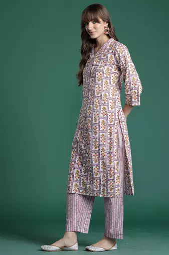 Lavender printed pure cotton kurta trouser set