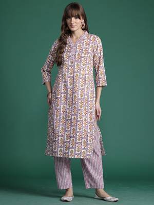 Lavender printed pure cotton kurta trouser set 4