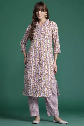 Lavender printed pure cotton kurta trouser set