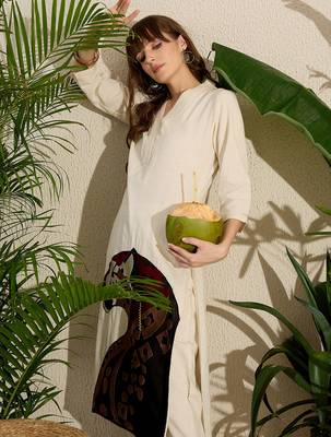 Off white printed pure cotton kurta trouser set 1