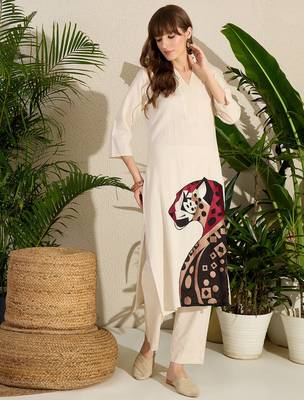 Off white printed pure cotton kurta trouser set 3