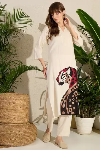 Off white printed pure cotton kurta trouser set