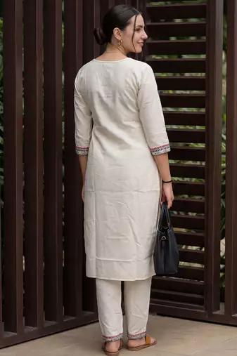 White embroidered pure cotton kurta trouser set