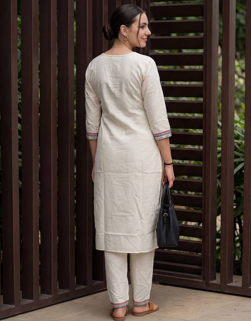 White embroidered pure cotton kurta trouser set