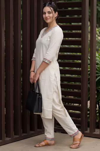 White embroidered pure cotton kurta trouser set