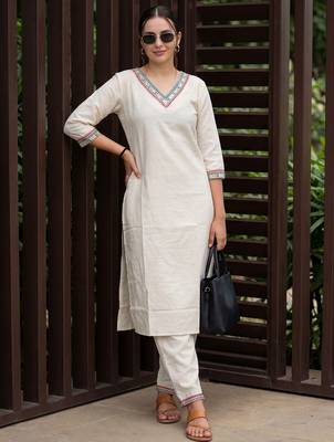 White embroidered pure cotton kurta trouser set 3