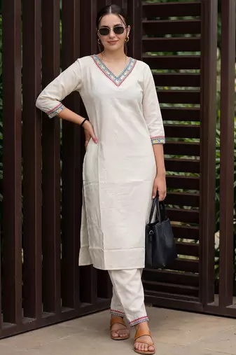 White embroidered pure cotton kurta trouser set