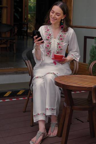 White embroidered silk kurta trouser set