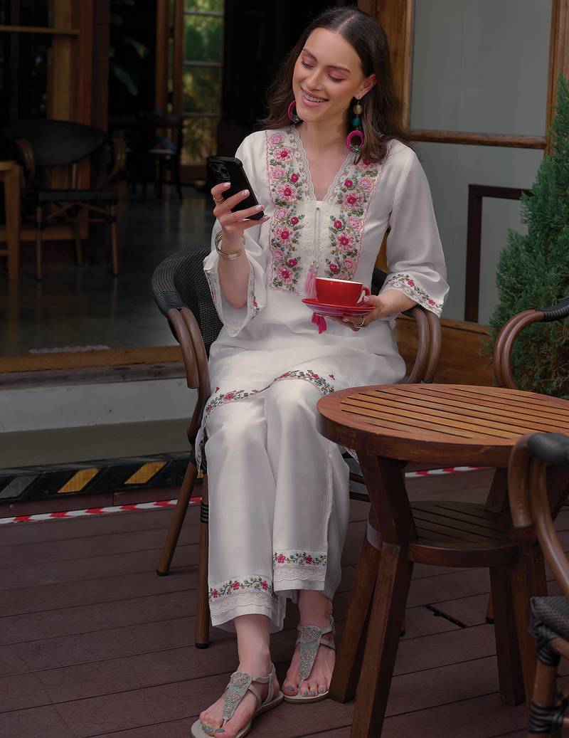 White embroidered silk kurta trouser set