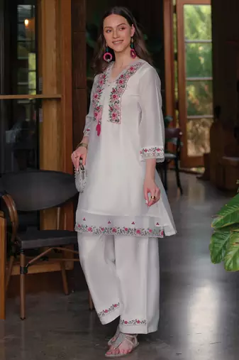 White embroidered silk kurta trouser set