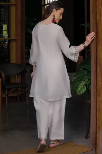 White embroidered silk kurta trouser set
