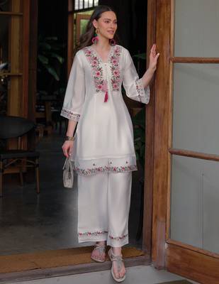 White embroidered silk kurta trouser set 4