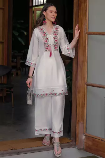 White embroidered silk kurta trouser set