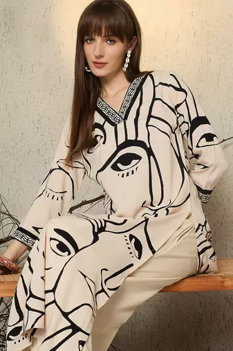 Off white printed viscose rayon kurta trouser set