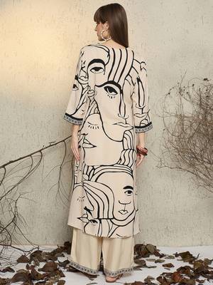 Off white printed viscose rayon kurta trouser set 2