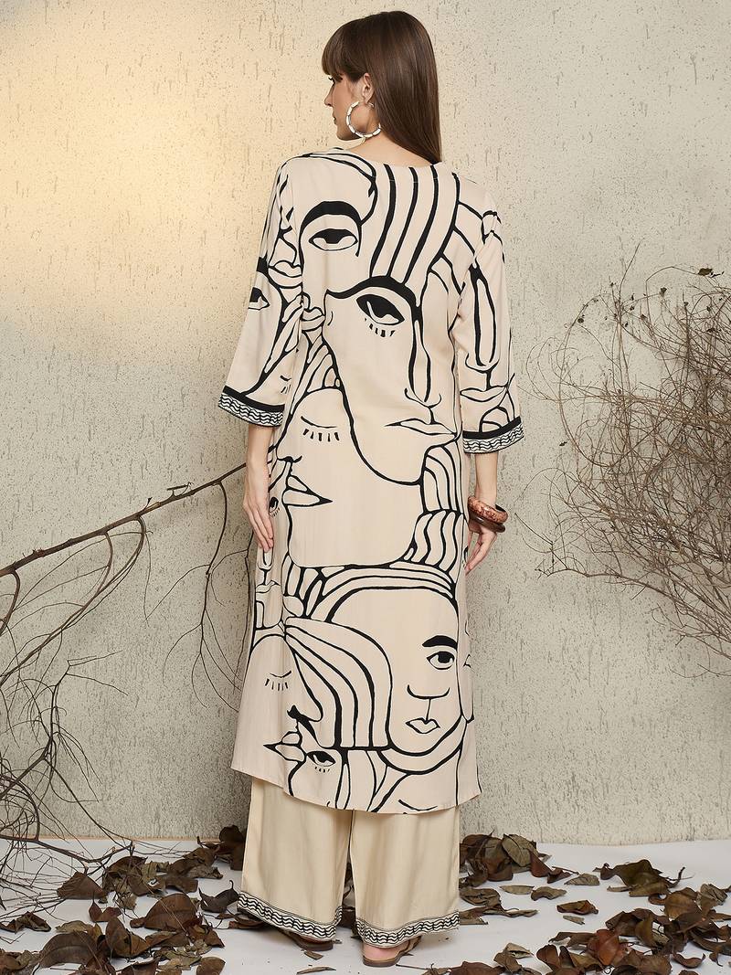 Off white printed viscose rayon kurta trouser set