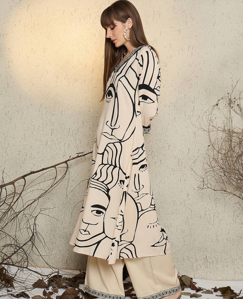 Off white printed viscose rayon kurta trouser set