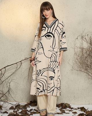 Off white printed viscose rayon kurta trouser set 4