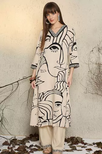 Off white printed viscose rayon kurta trouser set