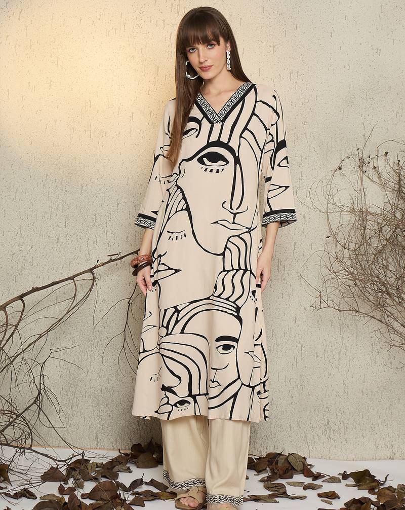 Off white printed viscose rayon kurta trouser set