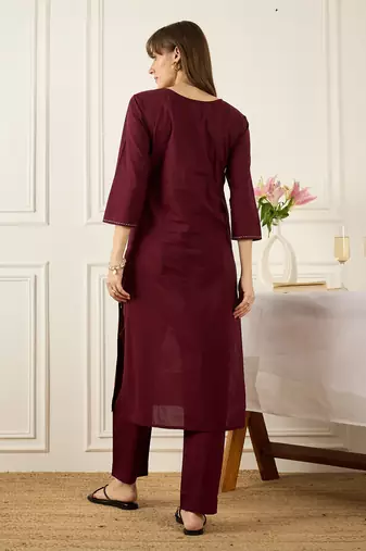Burgundy printed pure cotton kurta trouser set