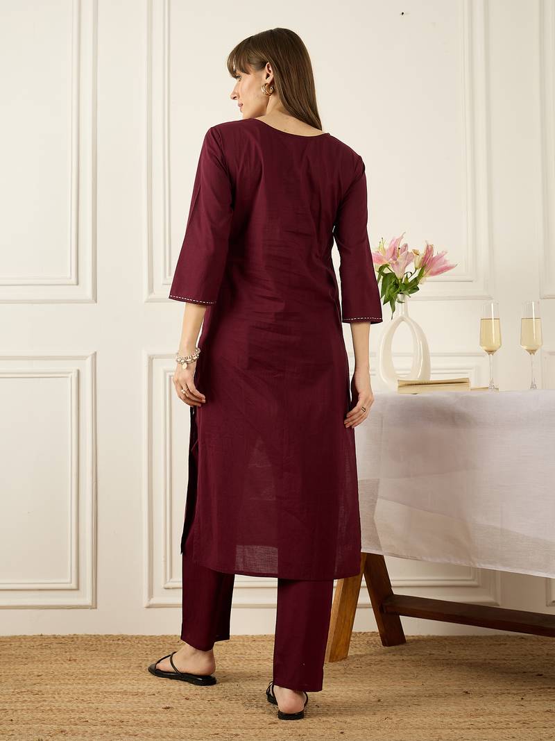 Burgundy printed pure cotton kurta trouser set