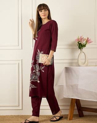 Burgundy printed pure cotton kurta trouser set 3