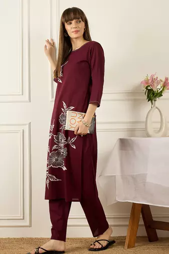 Burgundy printed pure cotton kurta trouser set
