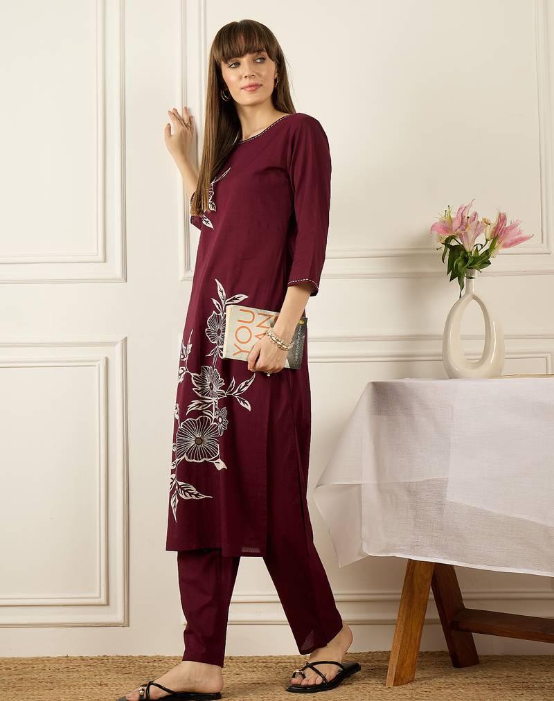 Burgundy printed pure cotton kurta trouser set
