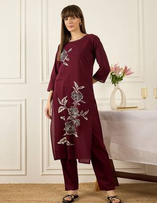 Burgundy printed pure cotton kurta trouser set 4