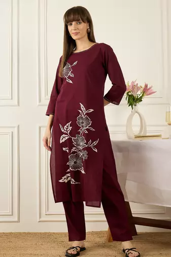 Burgundy printed pure cotton kurta trouser set