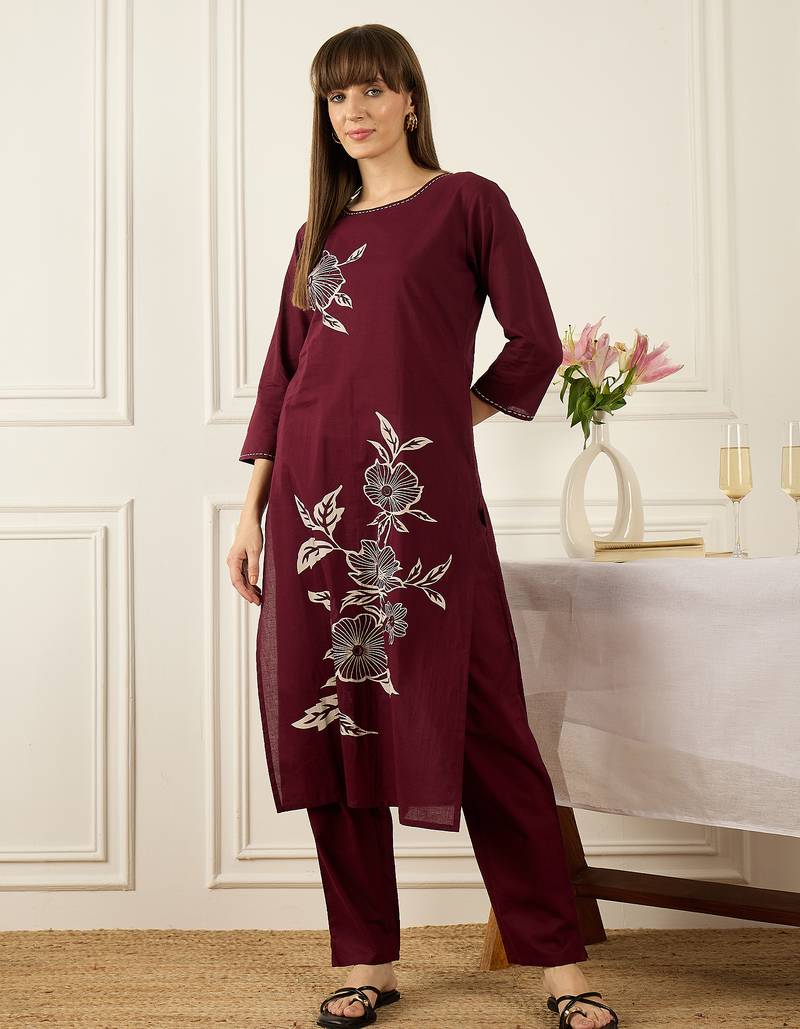 Burgundy printed pure cotton kurta trouser set