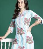 Blue printed pure cotton kurta trouser set