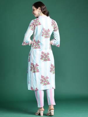 Blue printed pure cotton kurta trouser set 2
