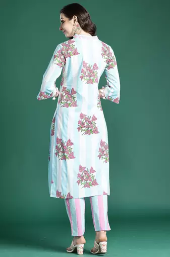 Blue printed pure cotton kurta trouser set