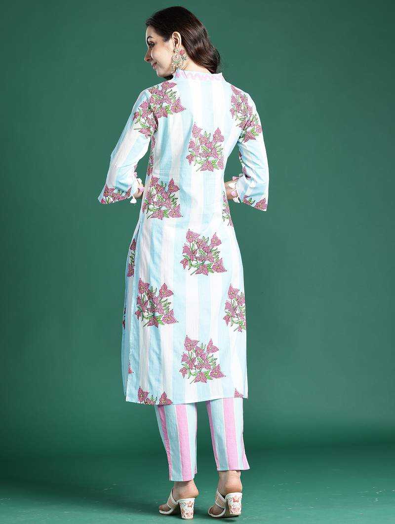 Blue printed pure cotton kurta trouser set
