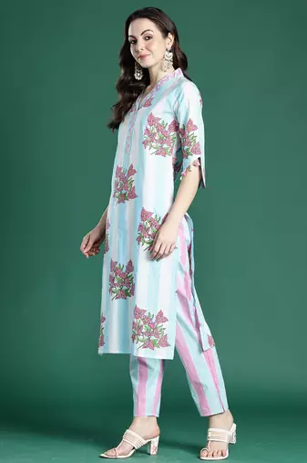 Blue printed pure cotton kurta trouser set